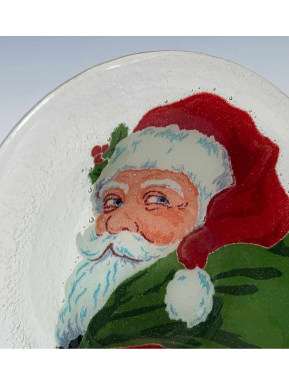 PEGGY KARR Fused Art Glass SANTA Bowl 8.5” Christmas w Box